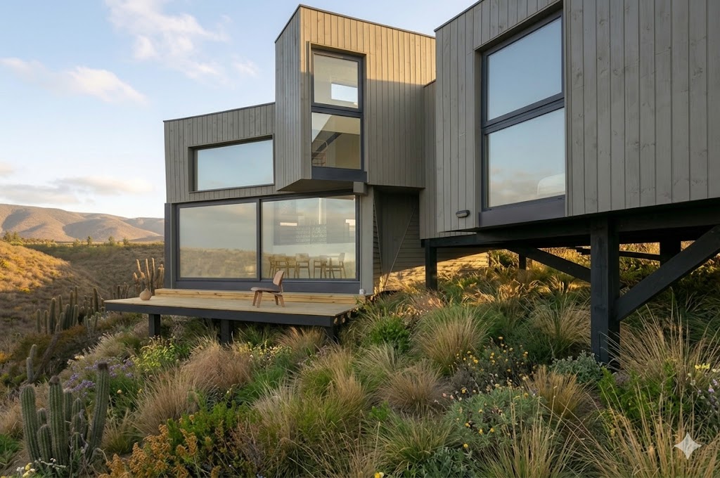 Casa de la Trama Girada — fachada norte orientada al sol, arquitecto Alejandro Soffia